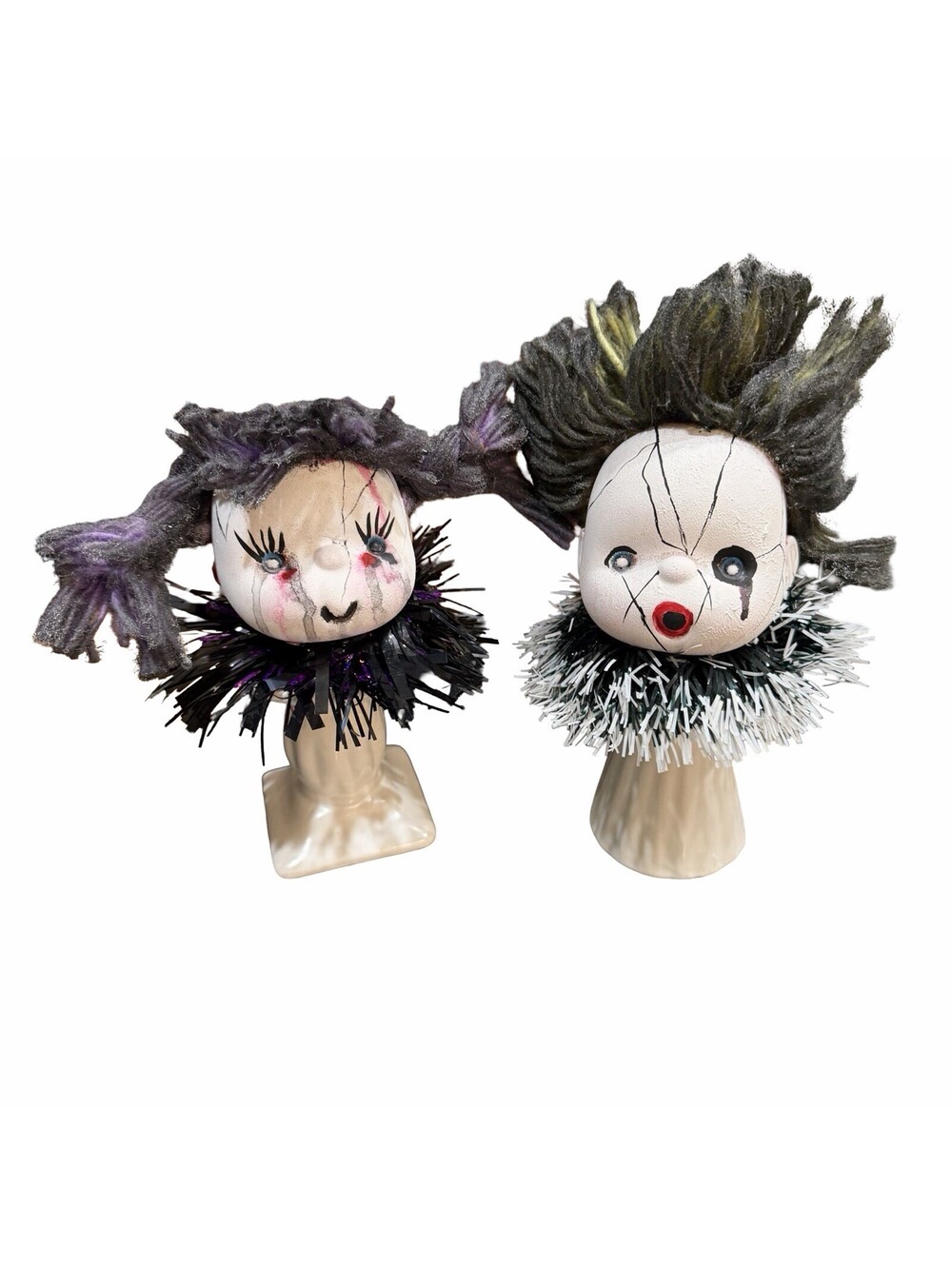OOAK Creepy Doll Heads On Stands Handmade Halloween Prop Scary Decor Set 2